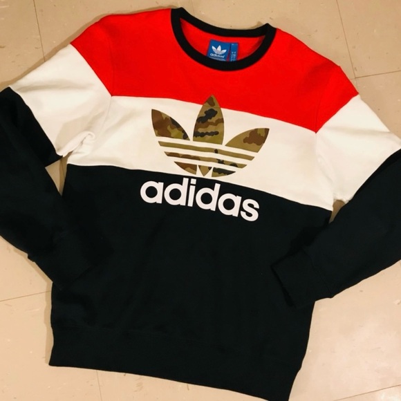 ADIDAS - MEN'S MEDIUM RED WHITE BLACK COLORBLOCK SWEATSHIRT CAMO TREFOIL LOGO